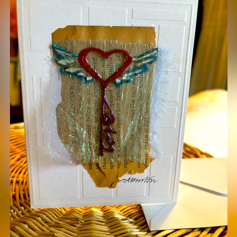 🗝️❤️Hand painted “love” key heart greetings card